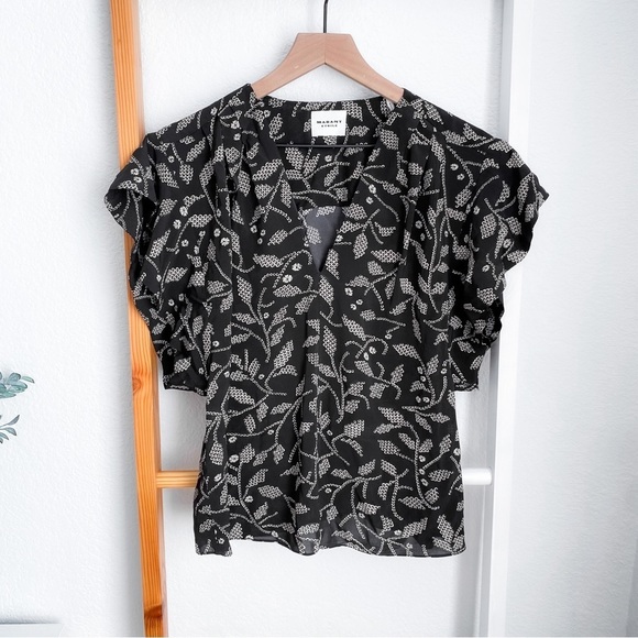 Isabel Marant Étoile Delocia Floral Blouse in Black V-neck Flutter Sleeves - Picture 7 of 16